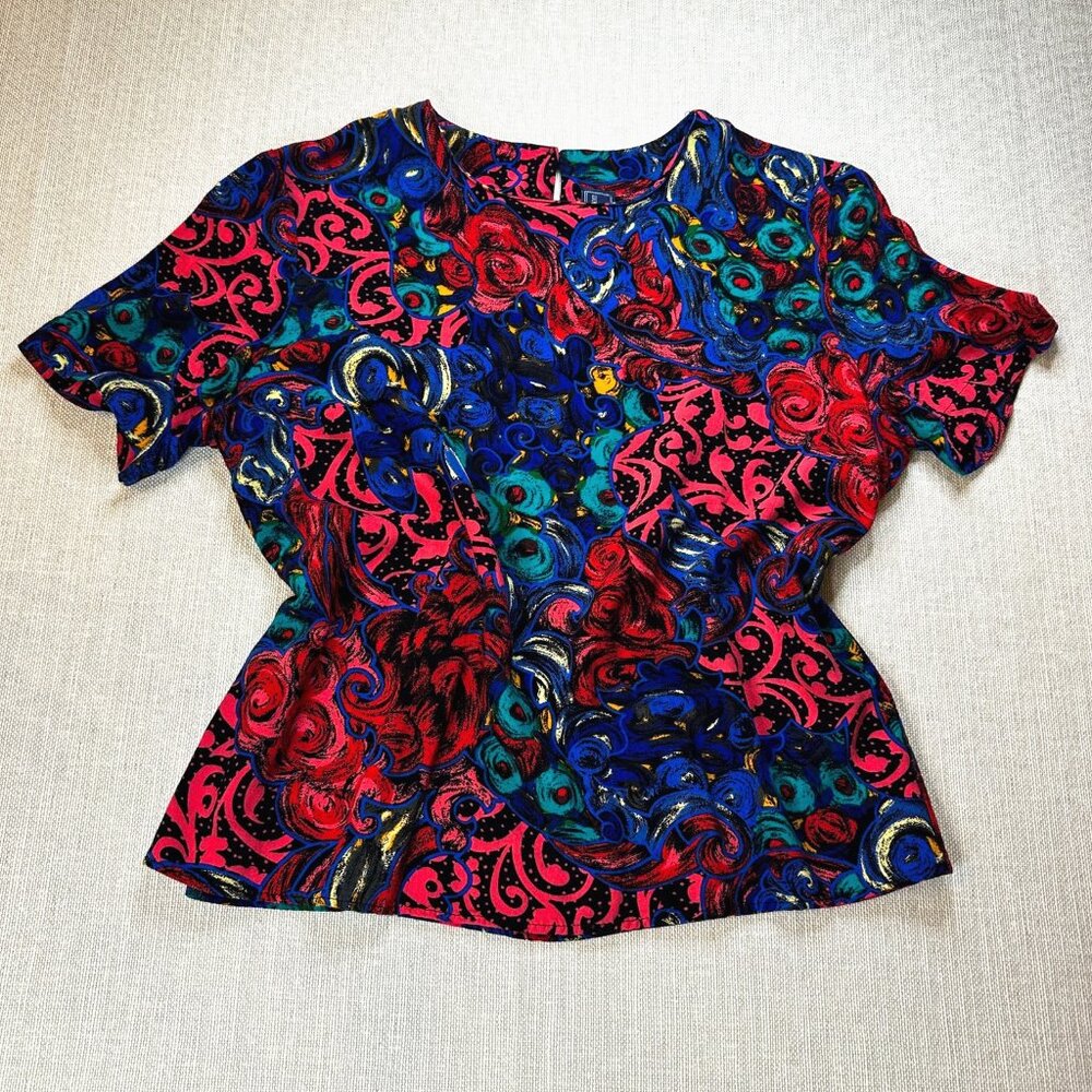 Vintage Norton McNaughton Petites 80's 90's Colorful Art-to-Wear Rayon Top Sz 14